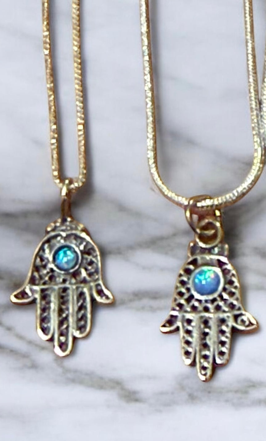 Sterling filigree hamsa pendant with blue opal stone on snake chain | Judaica Square Lakewood (view 5)