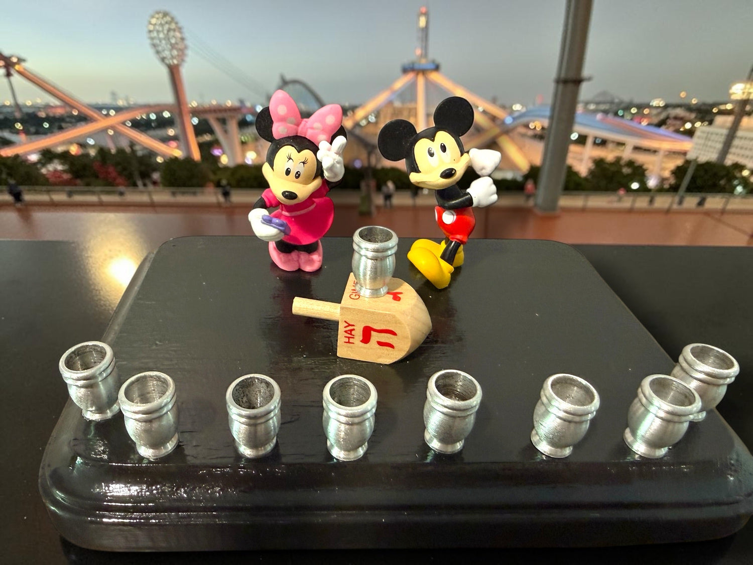 Mickey and Minnie Mouse menorah — repurposed Disney figures on painted wood plaque | Judaica Square Lakewood (view 19)