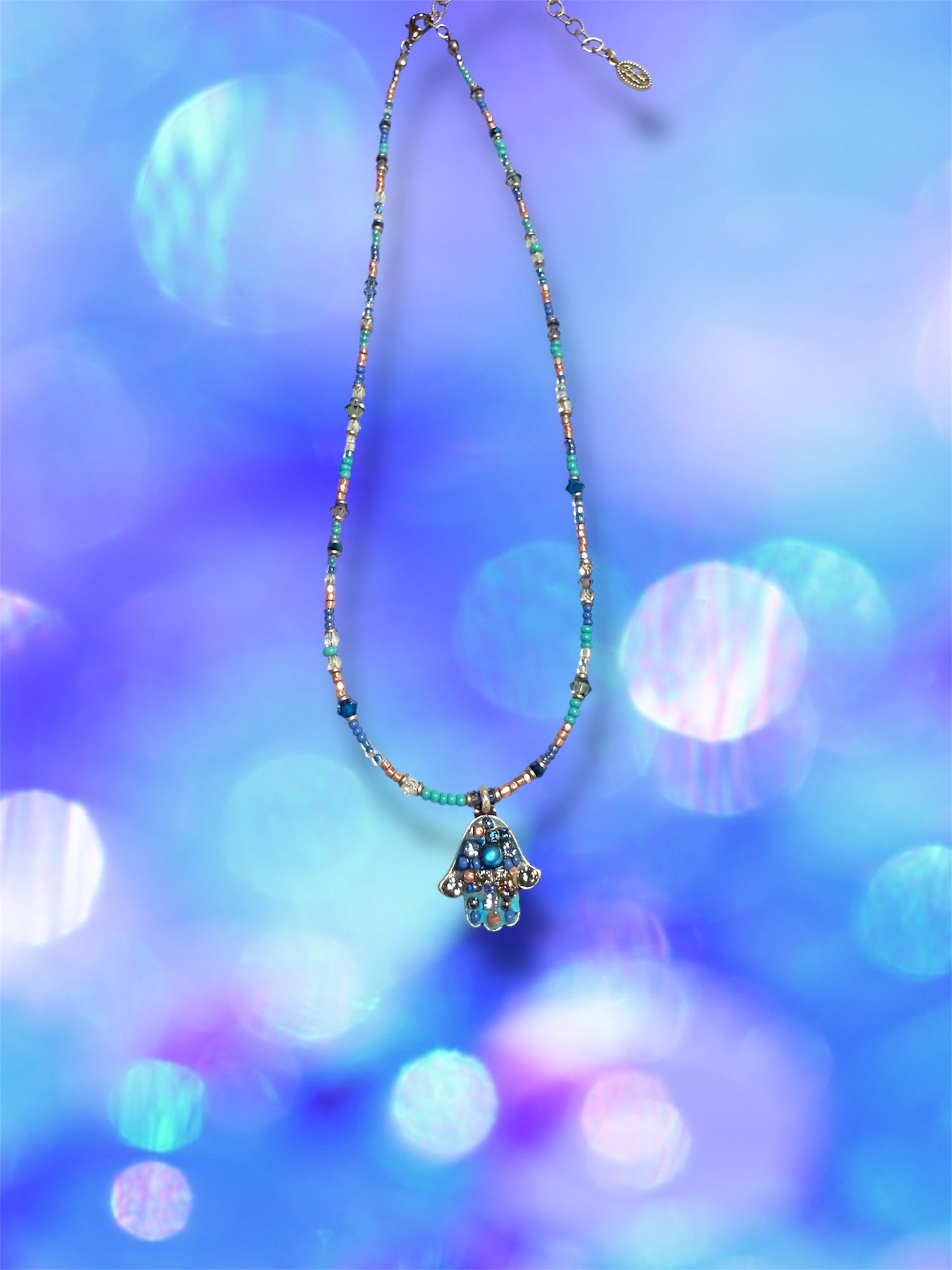Small blue mosaic hamsa necklace — cobalt glass gold pendant | Judaica Square Lakewood (view 7)