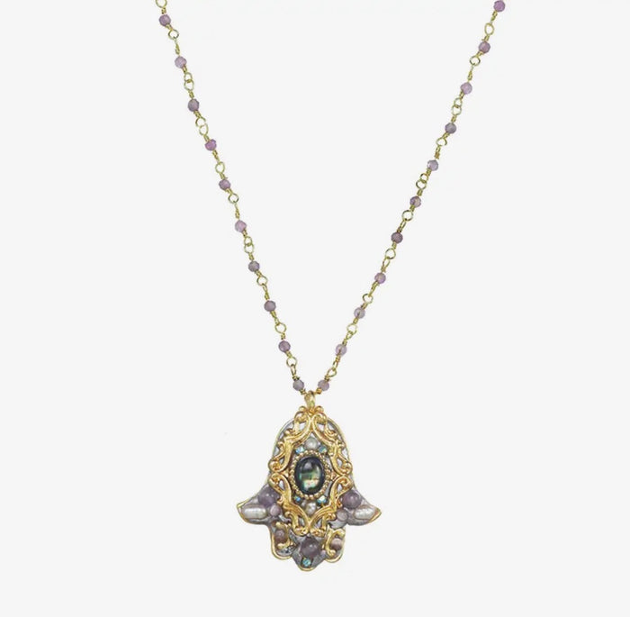Michal Golan hamsa necklace — abalone and amethyst gold pendant | Judaica Square Lakewood
