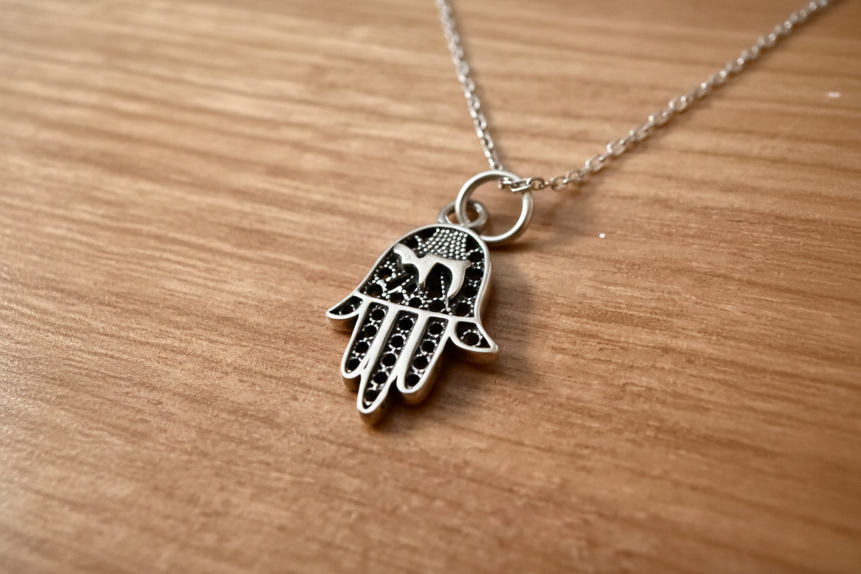 Sterling silver filigree hamsa pendant with Chai cutout on box chain | Judaica Square Lakewood (view 4)