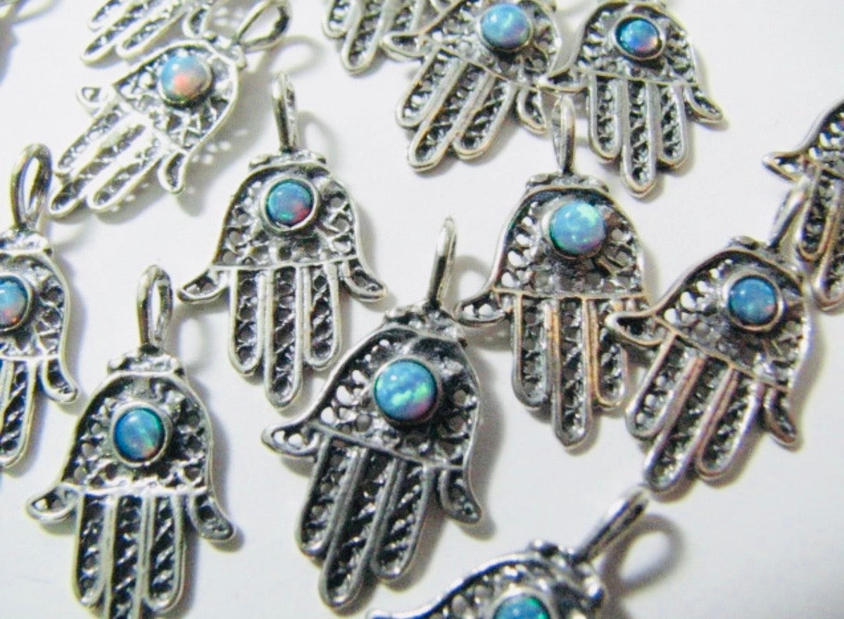 Sterling filigree hamsa pendant with blue opal stone on snake chain | Judaica Square Lakewood (view 7)