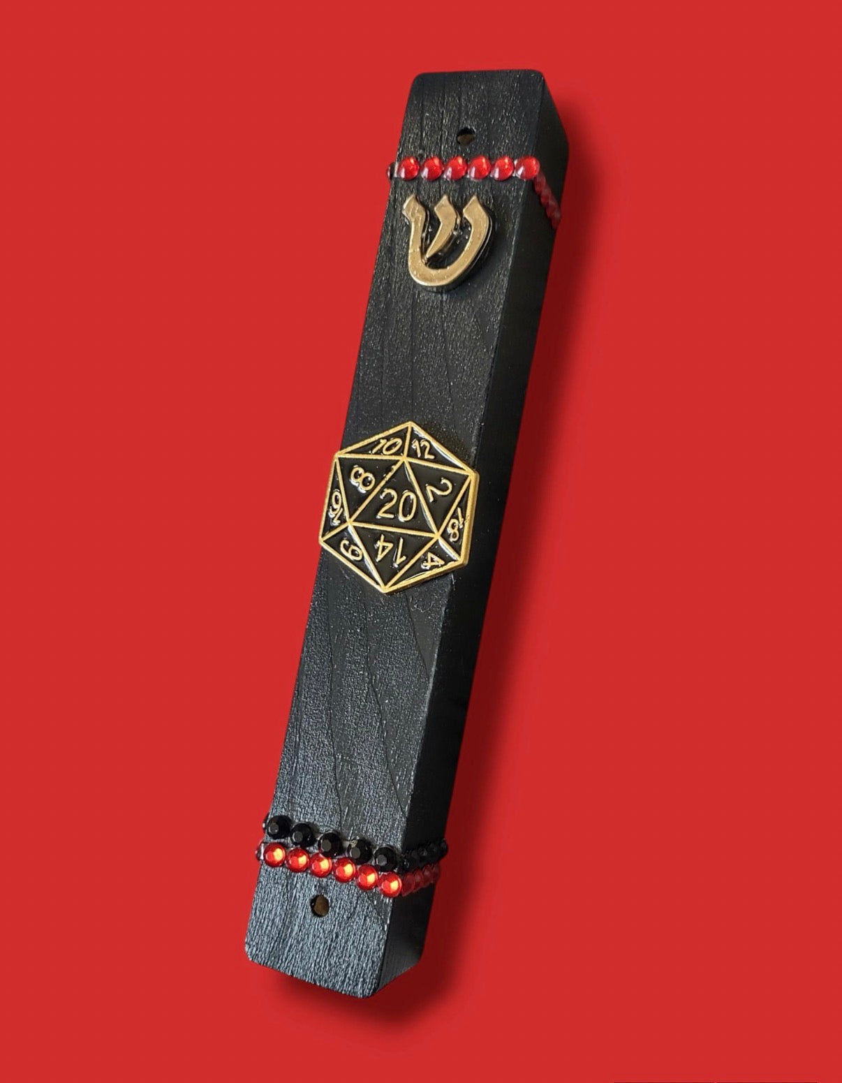 D20 dice mezuzah case — black wood case with Dungeons and Dragons die and rhinestones | Judaica Square Lakewood (view 9)