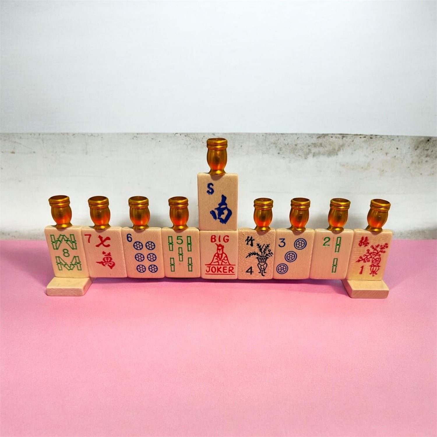 Mah Jongg menorah — repurposed game tiles with numbered aluminum candle cups | Judaica Square Lakewood (view 9)