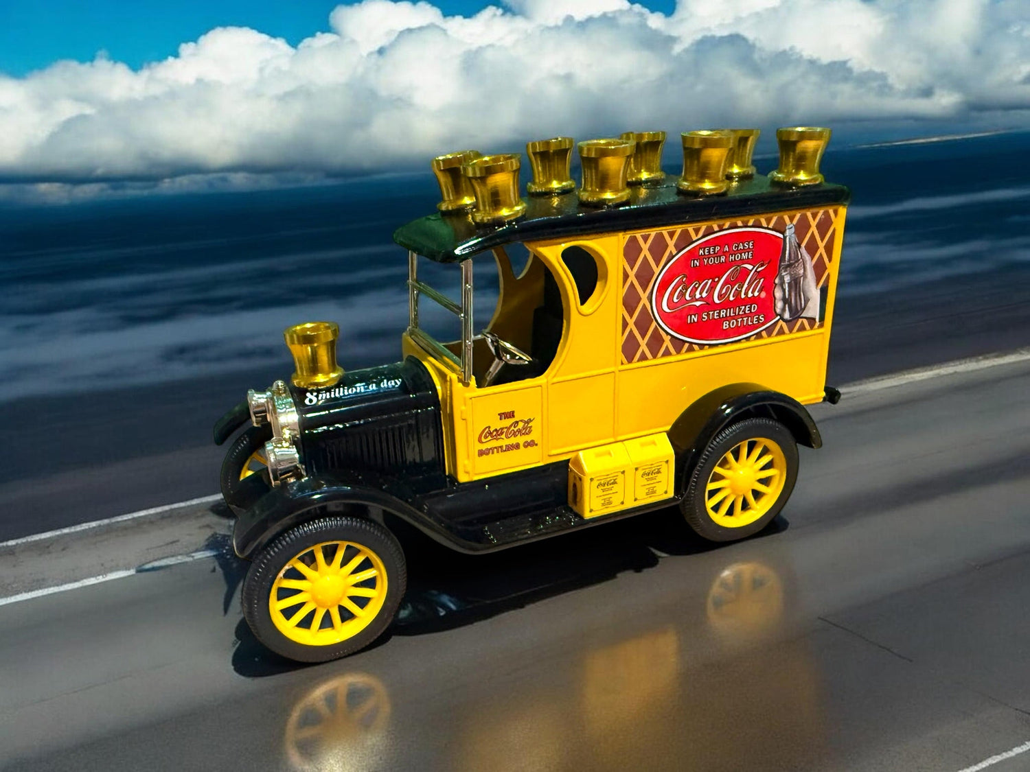 Coca-Cola Car Menorah — red vintage die-cast car bank with aluminum cups | Judaica Square Lakewood (view 4)