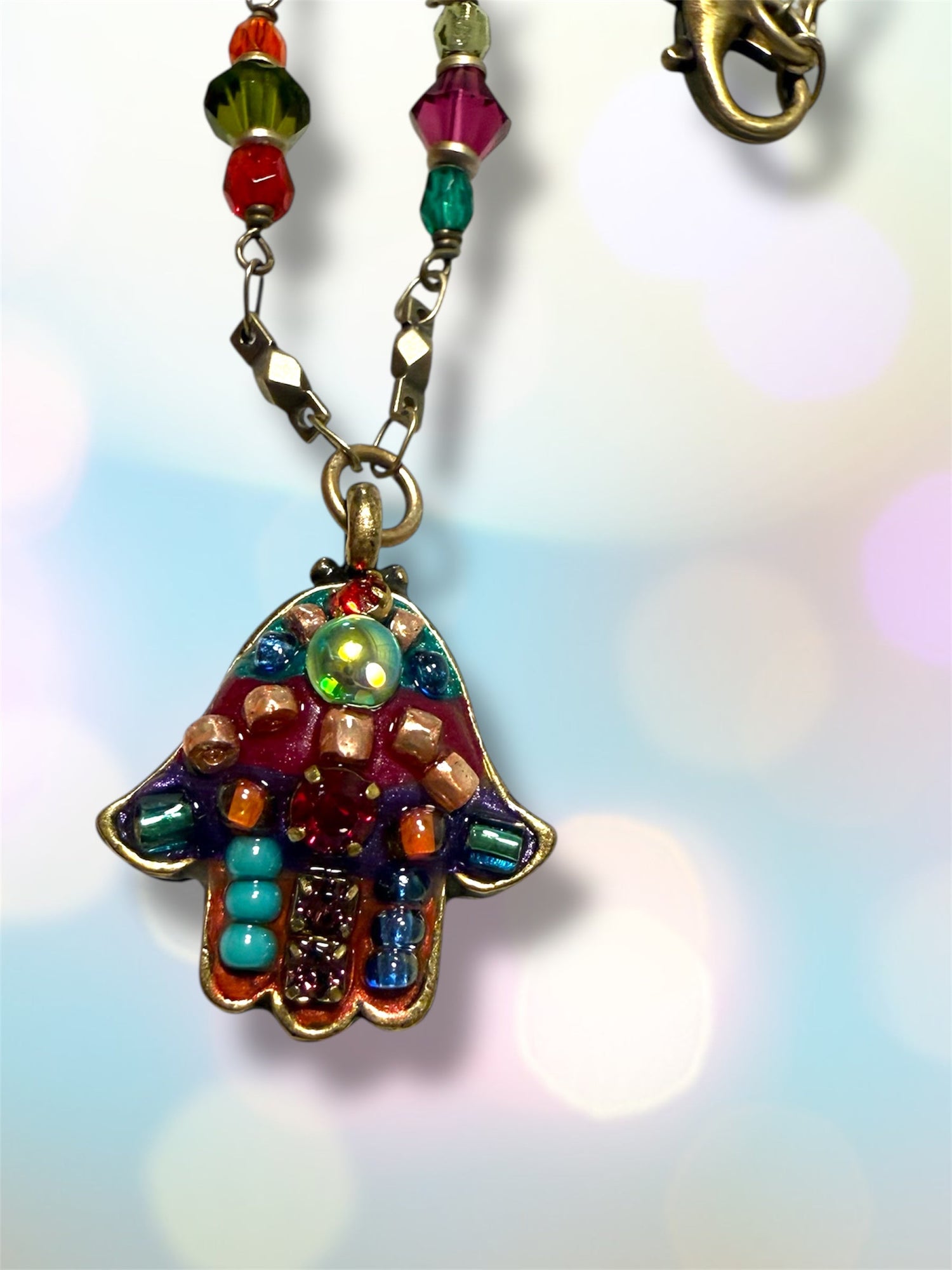 Multicolor hamsa necklace — bright glass mosaic gold pendant | Judaica Square Lakewood (view 5)