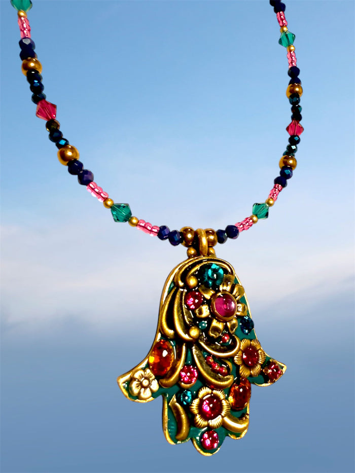 Michal Golan teal mosaic hamsa pendant with crystals and gold trim | Judaica Square Lakewood