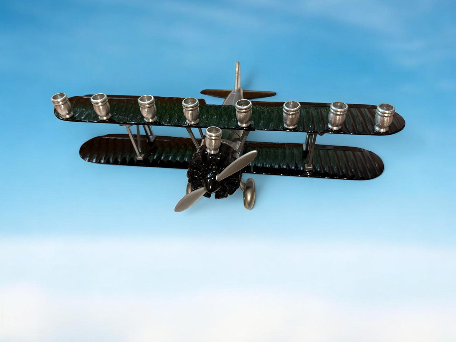 Vintage Airplane Menorah — die-cast metal plane bank fitted with aluminum cups | Judaica Square Lakewood (view 3)