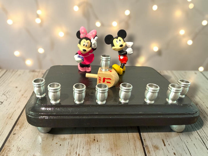 Mickey and Minnie Mouse menorah — repurposed Disney figures on painted wood plaque | Judaica Square Lakewood