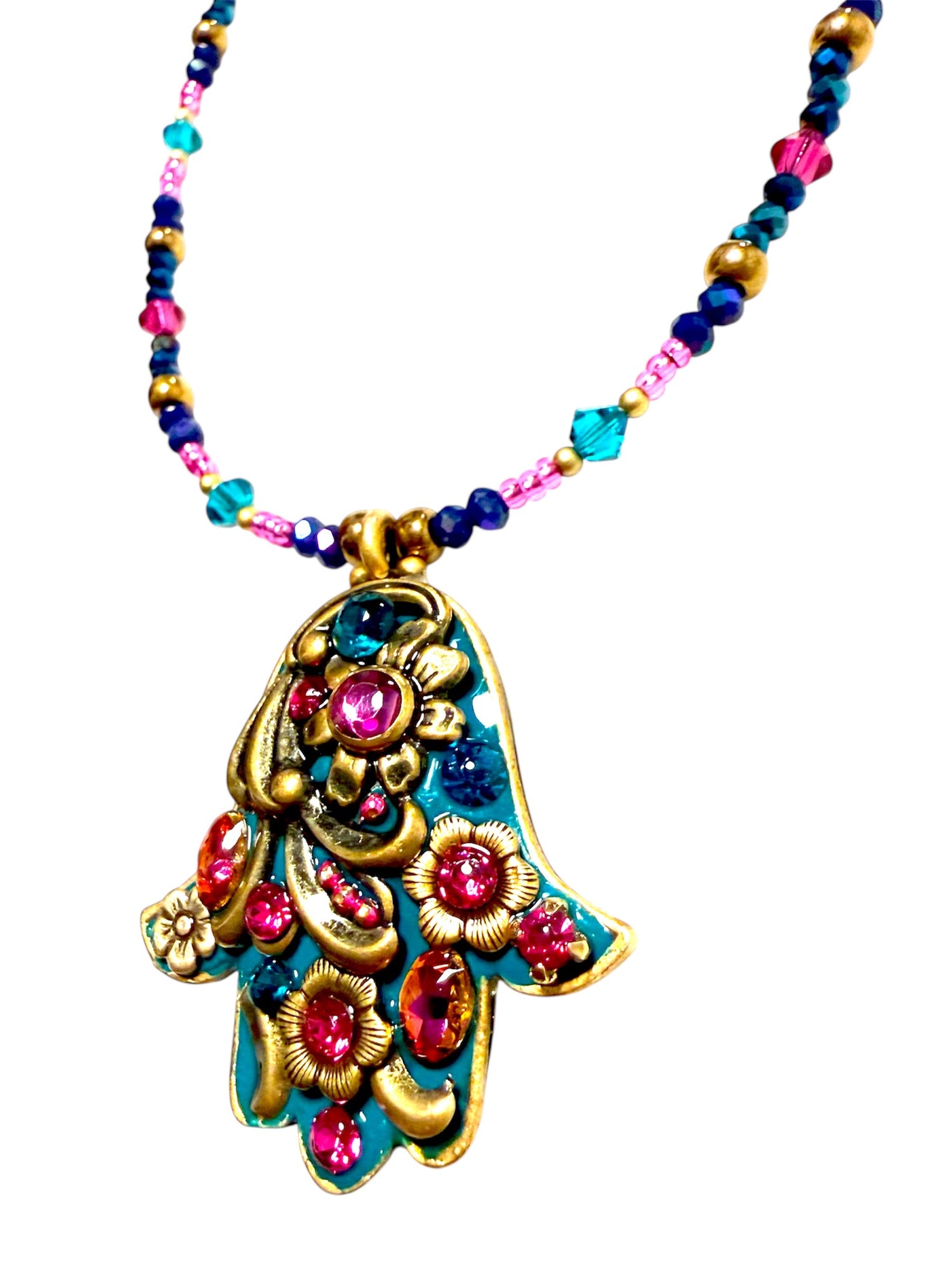 Michal Golan teal mosaic hamsa pendant with crystals and gold trim | Judaica Square Lakewood (view 3)
