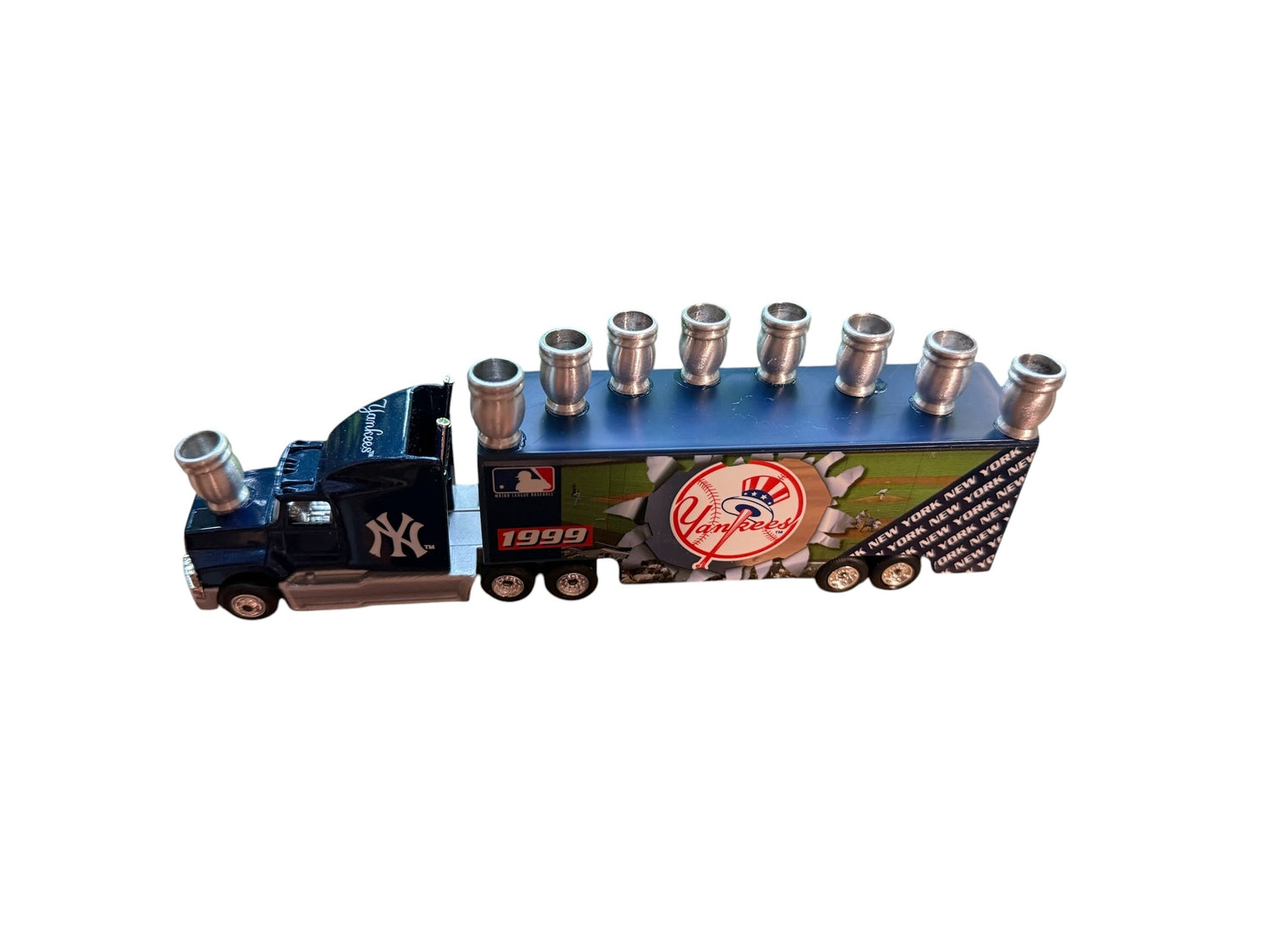 Yankees truck menorah — vintage die-cast baseball truck with a row of aluminum candle cups | Judaica Square Lakewood (view 6)