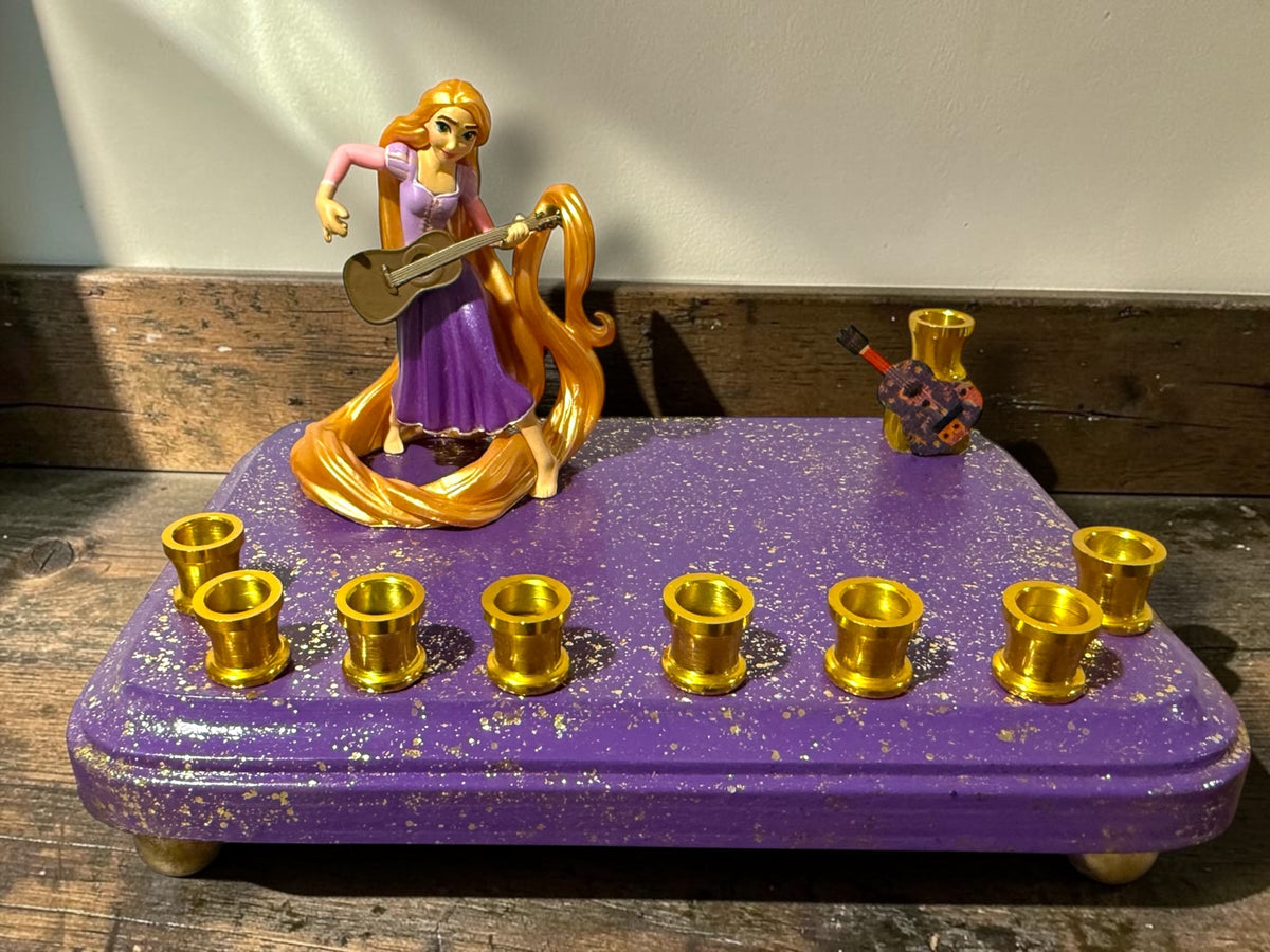 Rapunzel menorah — Tangled figure with wooden guitar shamash on painted base | Judaica Square Lakewood (view 8)