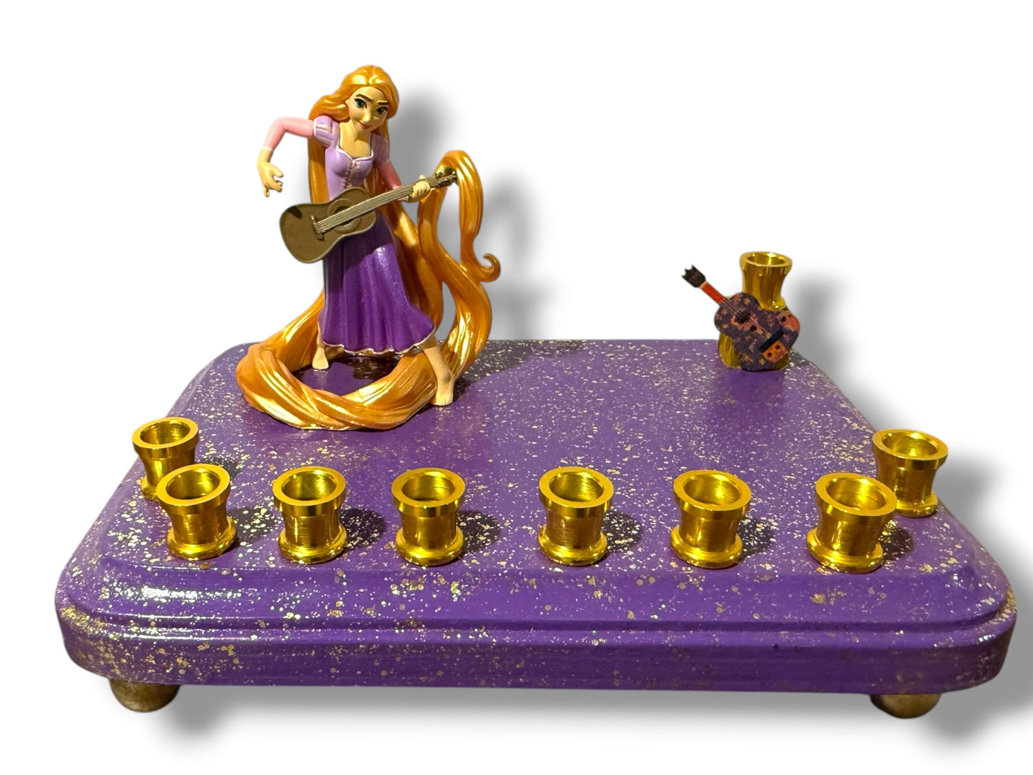 Rapunzel menorah — Tangled figure with wooden guitar shamash on painted base | Judaica Square Lakewood (view 15)