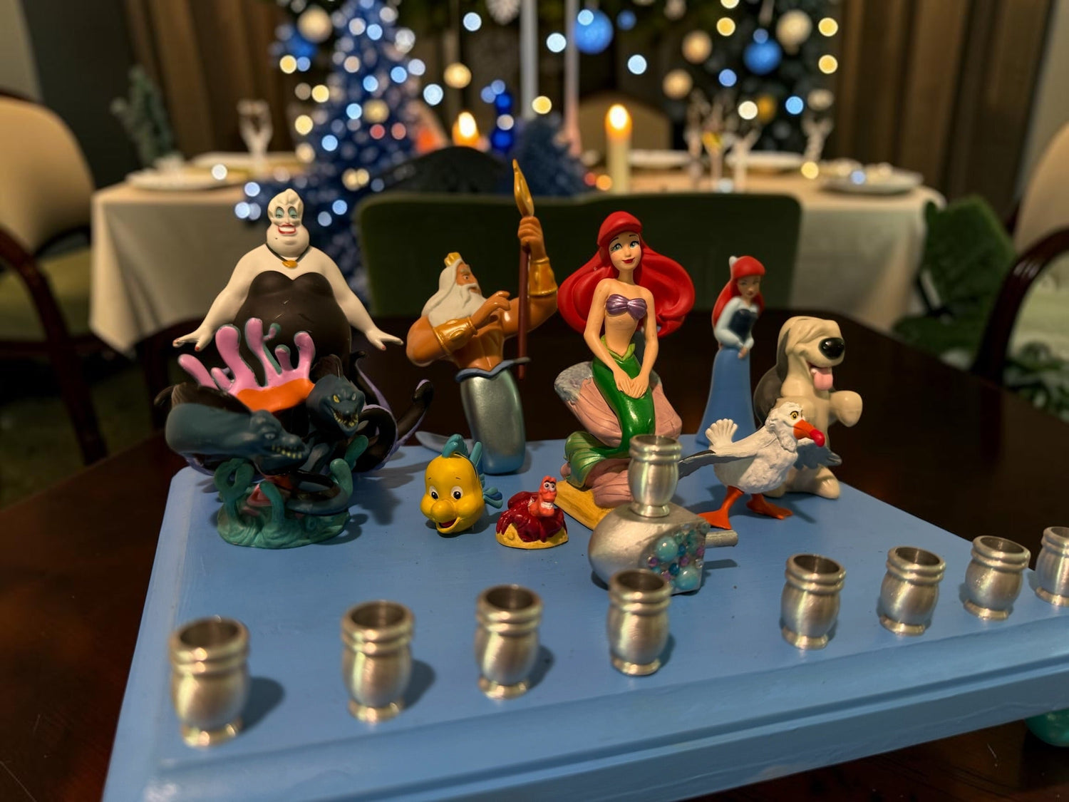 Little Mermaid Menorah — mermaid figures and rhinestones on a painted wood plaque | Judaica Square Lakewood (view 5)