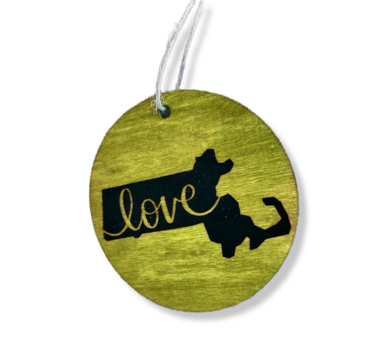 Stained wood Massachusetts state ornament with the word Love in vinyl | Judaica Square Lakewood (view 7)