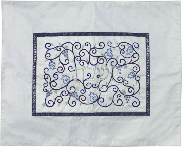 Embroidered Challah Cover Pomegranates White / Blue (EM-CMD2)