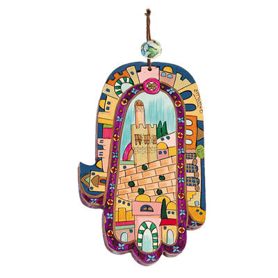 Emanuel Large Wood Painted Hamsa Jerusalem
