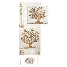 Raw Silk Machine Embroidered Tallit Tree of Life Brown/Green (EM-TAC1)