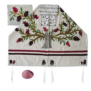 Yair emanuel Embroidered Raw Silk Tallit  - Tree of life - Pomegranates white TFA-11