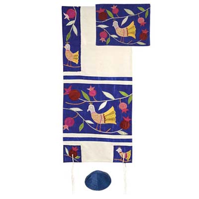 Yair emanuel Embroidered Raw Silk Tallit  - Birds blue TFA8
