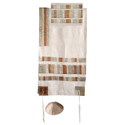 Yair emanuel Raw Silk Appliqued Stripes Tallit  - Gold TRA-2