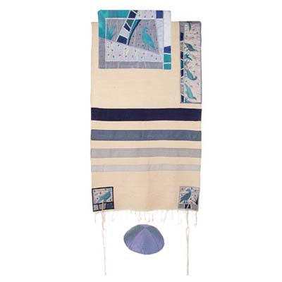 Yair emanuel Raw Silk Appliqued Tallit  - Birds EM-TSD1/21