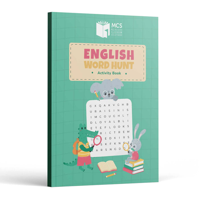 English Word Hunt Grade 4 Activity Book front cover — koala, crocodile and rabbit circling words on a letter grid, teal background with MCS logo