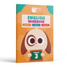 English Workbook Grade 3 front cover — cartoon puppy holding a green Grade 3 chalkboard on an orange background with the MCS logo