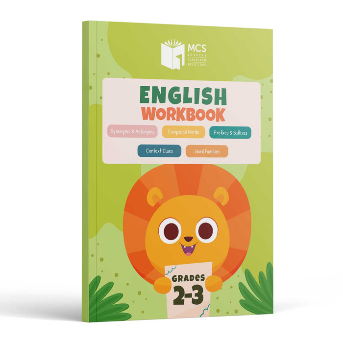 English Workbook Grades 2-3 front cover — cartoon lion holding a Grades 2-3 card beneath five word-study topic badges on a green background