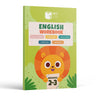English Workbook Grades 2-3 front cover — cartoon lion holding a Grades 2-3 card beneath five word-study topic badges on a green background