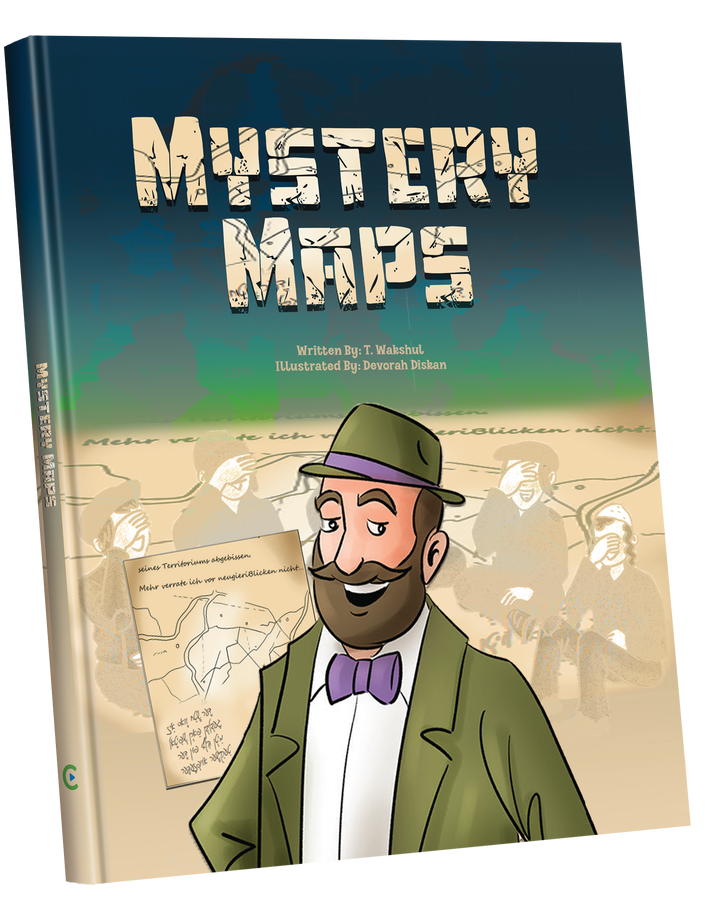 Mystery Maps comic cover, a smiling man in a green hat and bow tie holding an old hand-drawn map