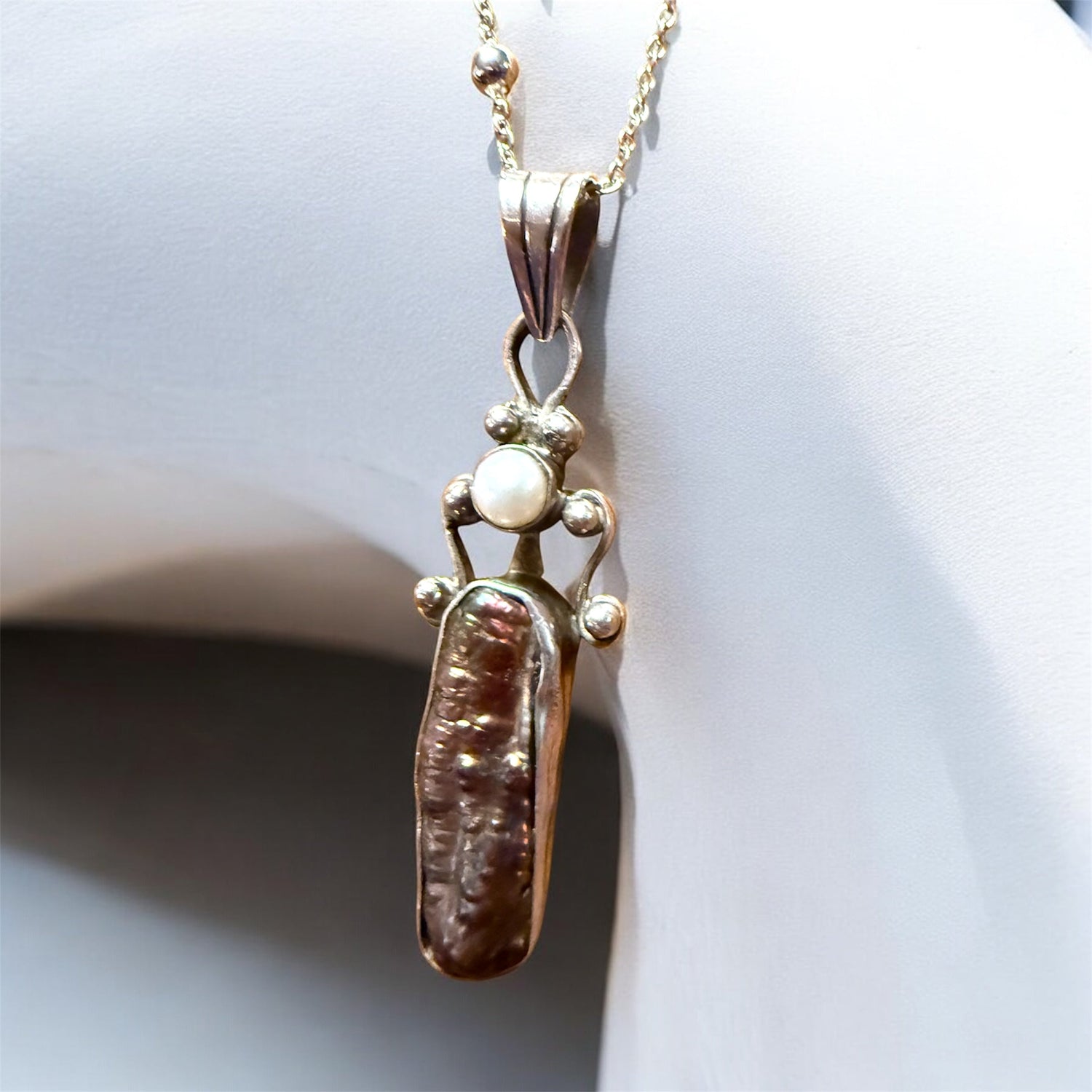 Vintage freshwater pearl pendant on a beaded sterling silver chain | Judaica Square Lakewood (view 2)