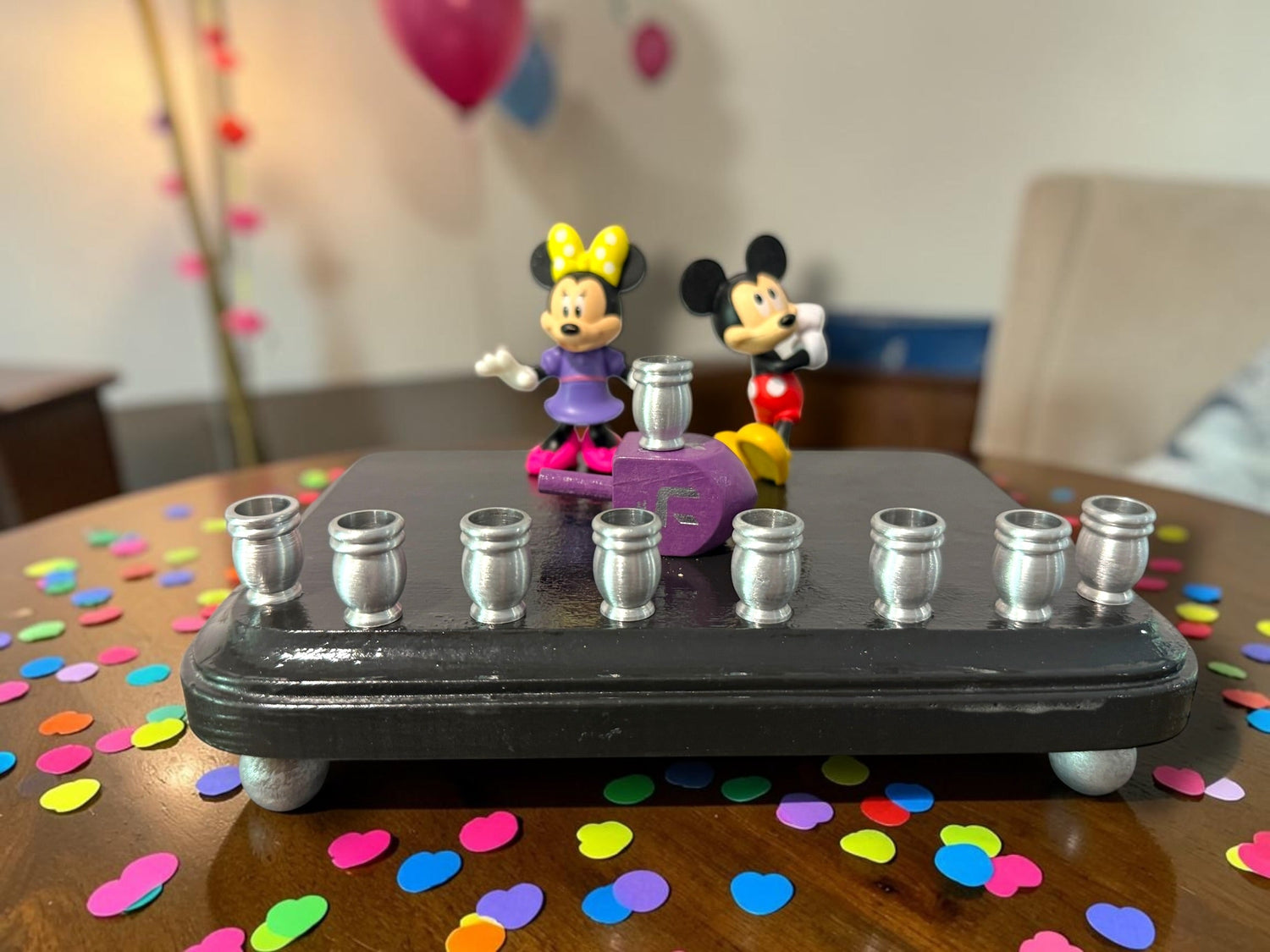 Mickey and Minnie Mouse menorah — repurposed Disney figures on painted wood plaque | Judaica Square Lakewood (view 7)