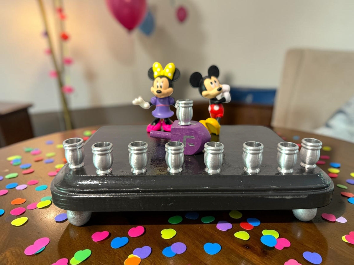 Mickey and Minnie Mouse menorah — repurposed Disney figures on painted wood plaque | Judaica Square Lakewood (view 7)