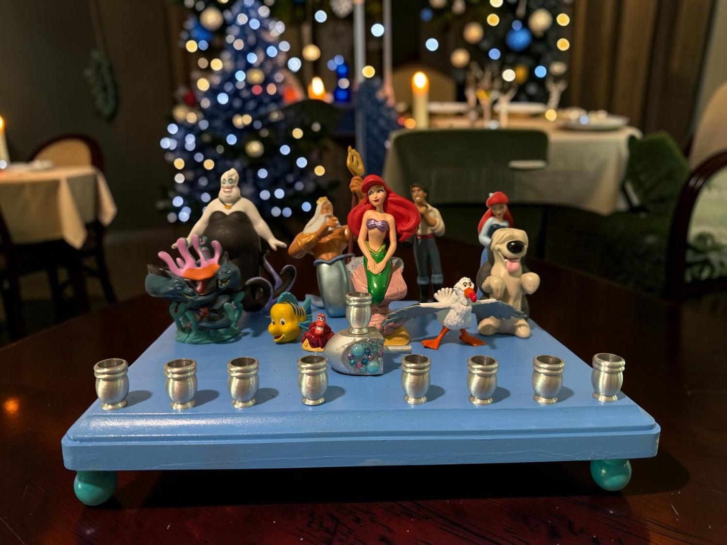 Little Mermaid Menorah — mermaid figures and rhinestones on a painted wood plaque | Judaica Square Lakewood (view 7)