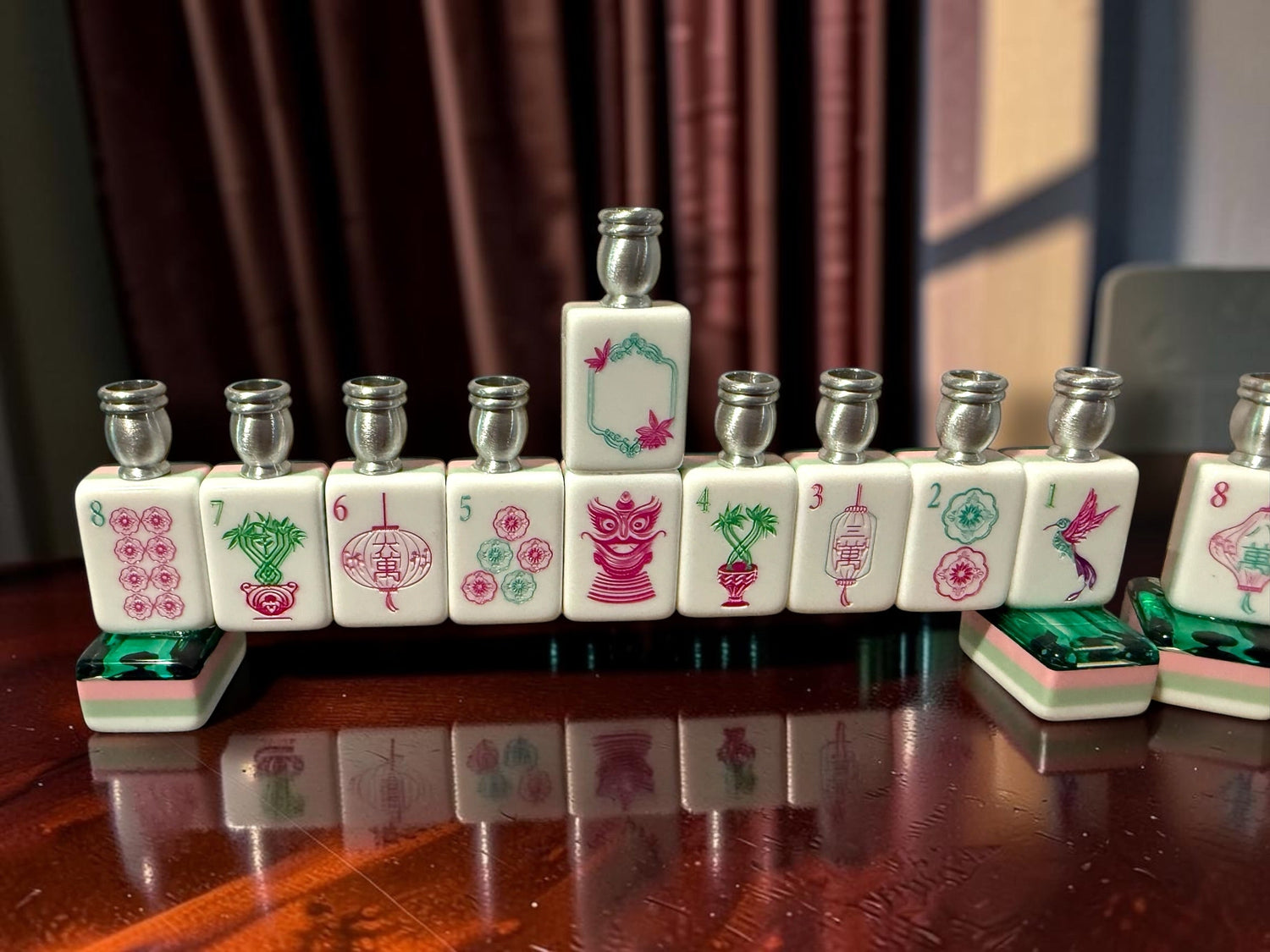 Mah Jongg menorah — repurposed game tiles with numbered aluminum candle cups | Judaica Square Lakewood (view 16)