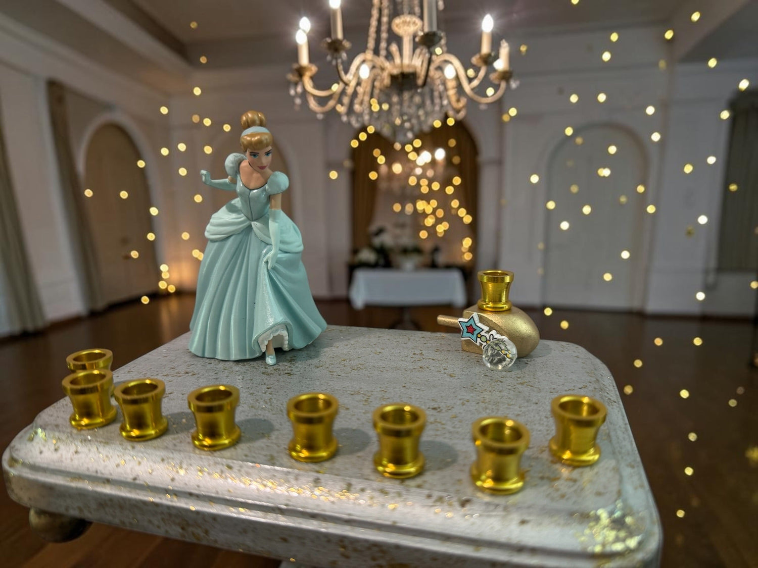 Cinderella menorah — Disney princess figurine on silver base with nine gold cups | Judaica Square Lakewood (view 4)
