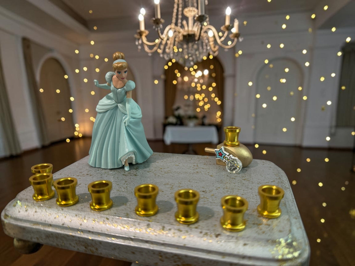 Cinderella menorah — Disney princess figurine on silver base with nine gold cups | Judaica Square Lakewood (view 4)