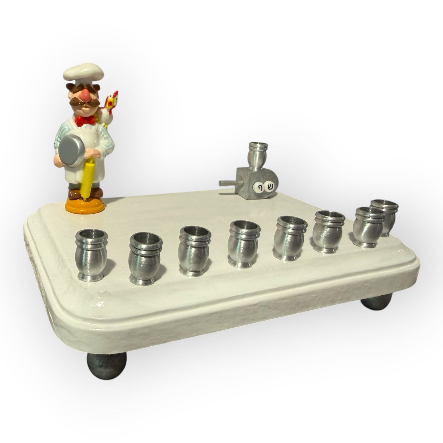 Swedish Chef menorah — Muppets chef figure with Hebrew bead dreidel and aluminum cups | Judaica Square Lakewood (view 16)