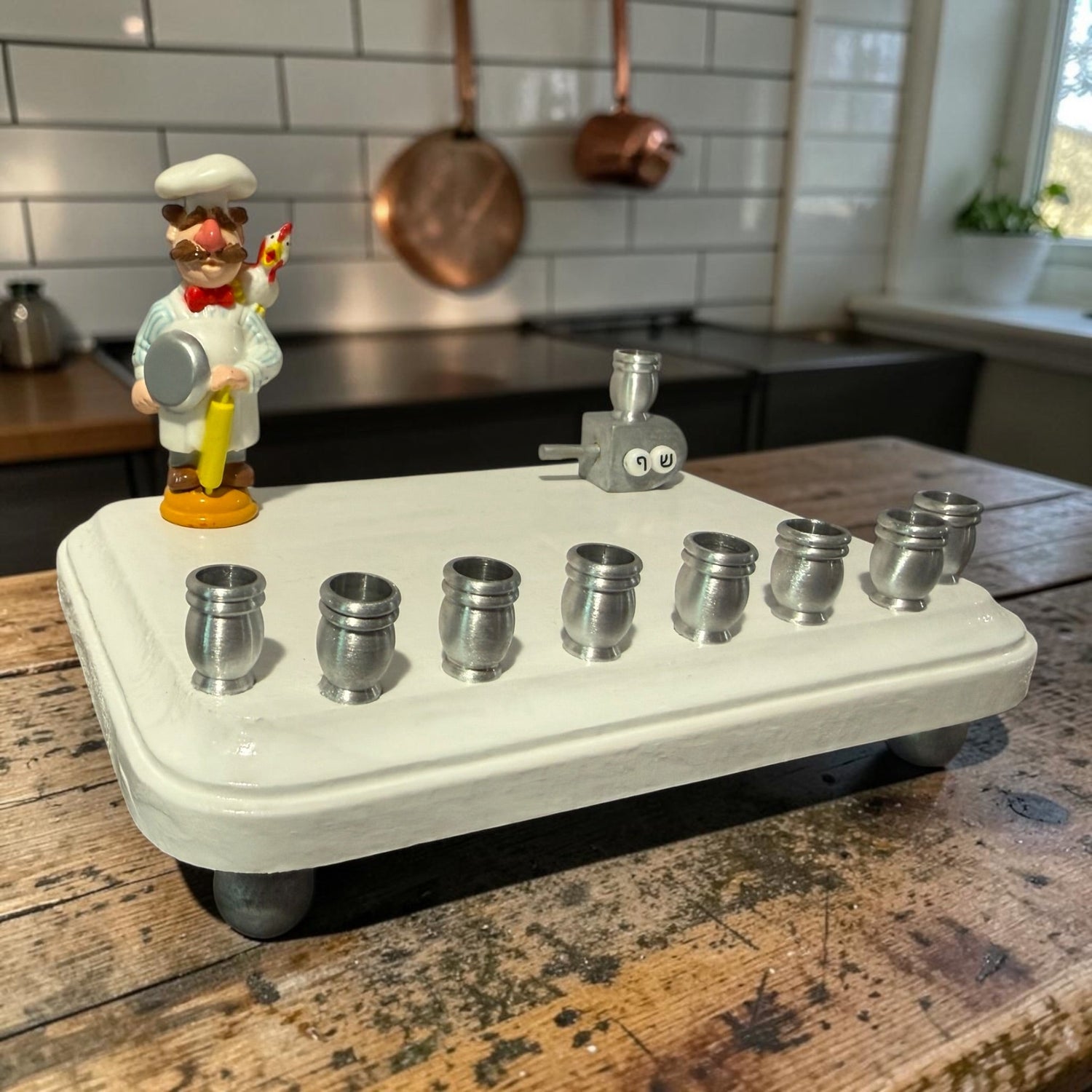 Swedish Chef menorah — Muppets chef figure with Hebrew bead dreidel and aluminum cups | Judaica Square Lakewood (view 5)