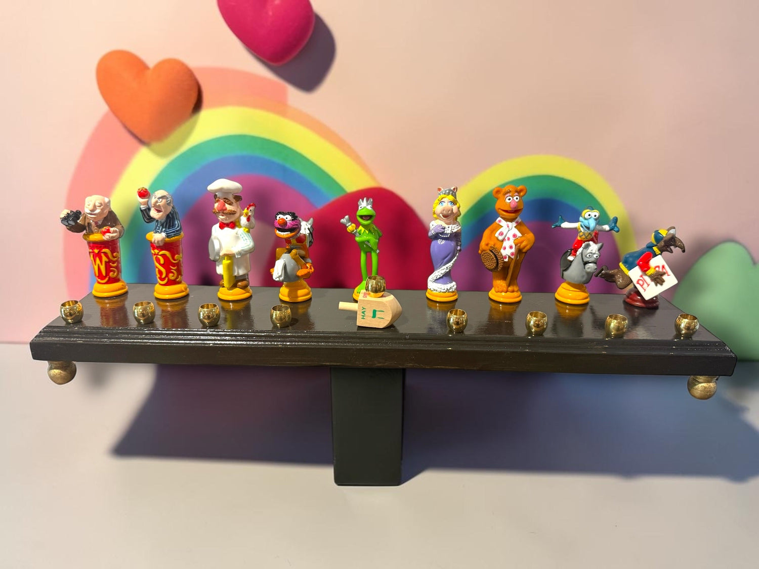 Muppets cast menorah — nine repurposed Muppets figures along a long plaque with brass cups | Judaica Square Lakewoo (view 14)