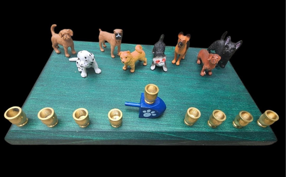 Dog breed menorah — row of painted dogs on a stained base with a paw print dreidel | Judaica Square Lakewood (view 6)