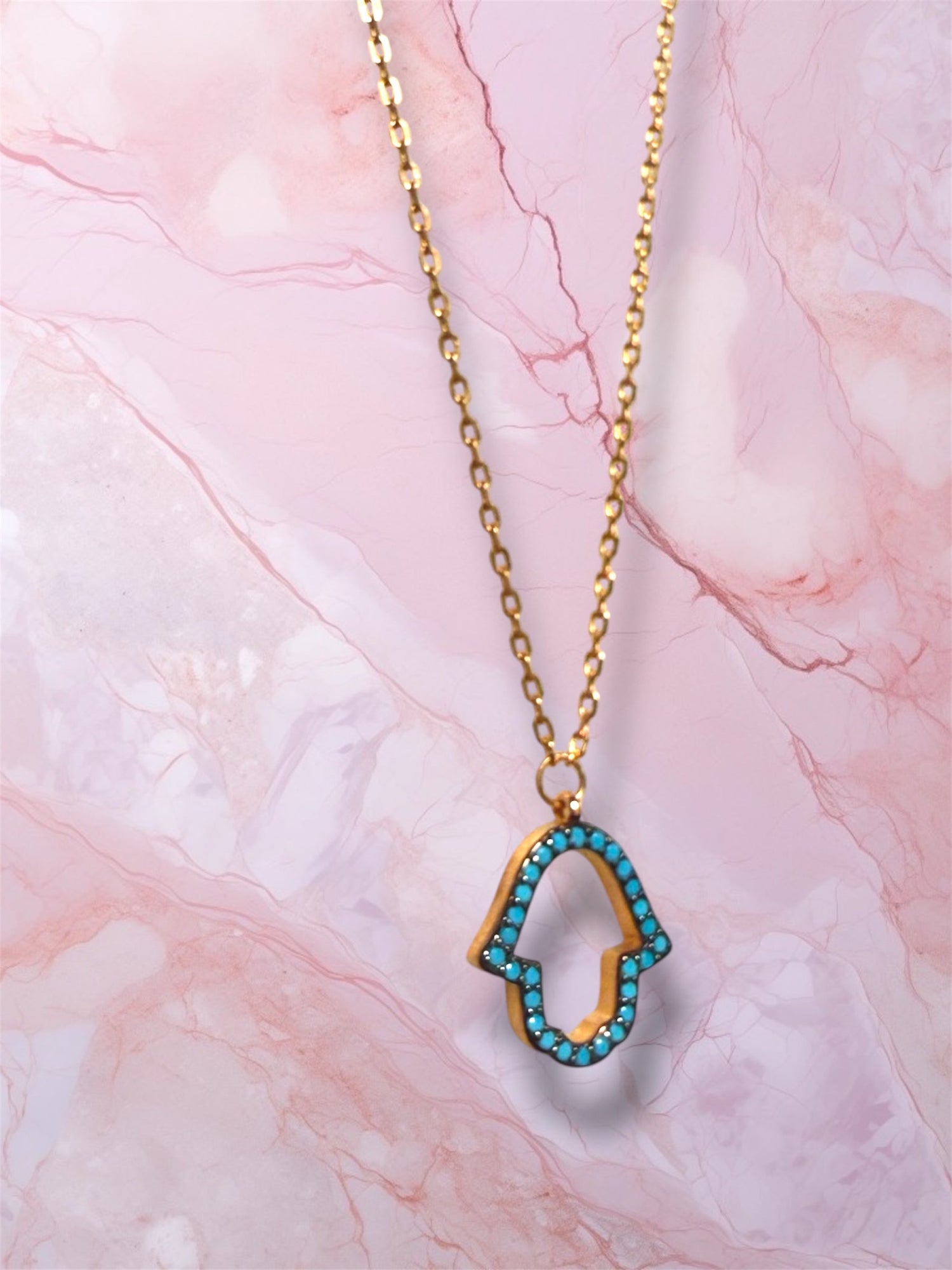 Rose gold hamsa necklace — open hand with blue gemstone | Judaica Square Lakewood (view 8)