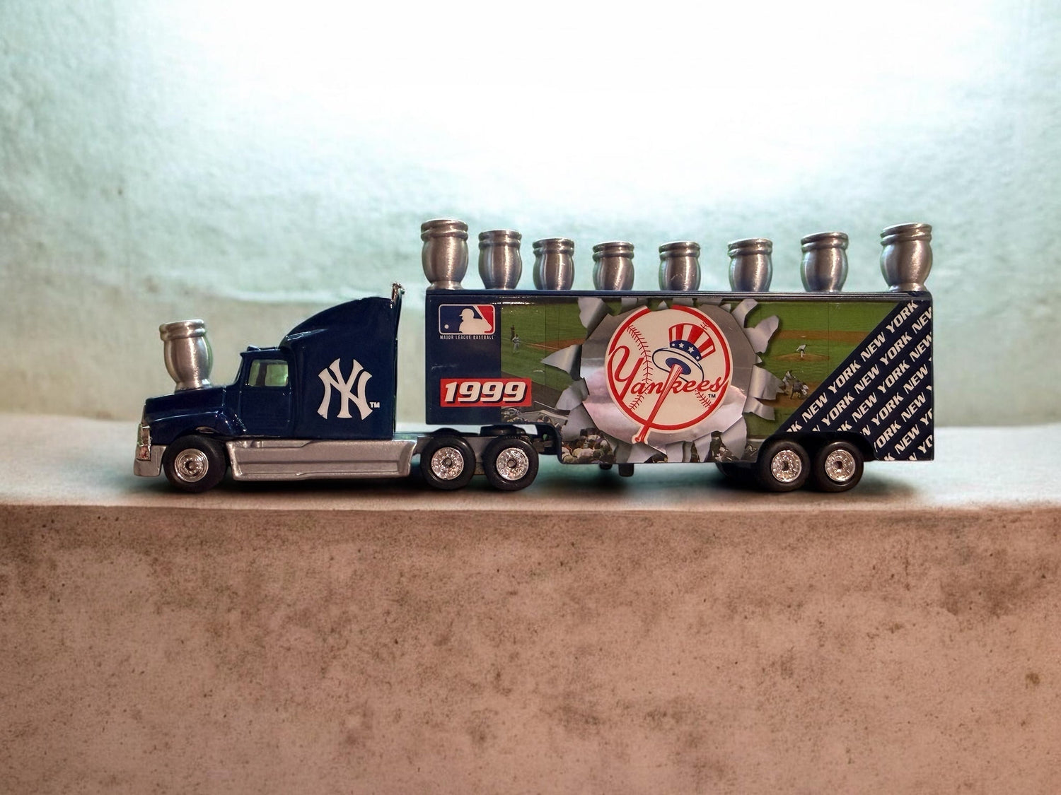 Yankees truck menorah — vintage die-cast baseball truck with a row of aluminum candle cups | Judaica Square Lakewood (view 7)