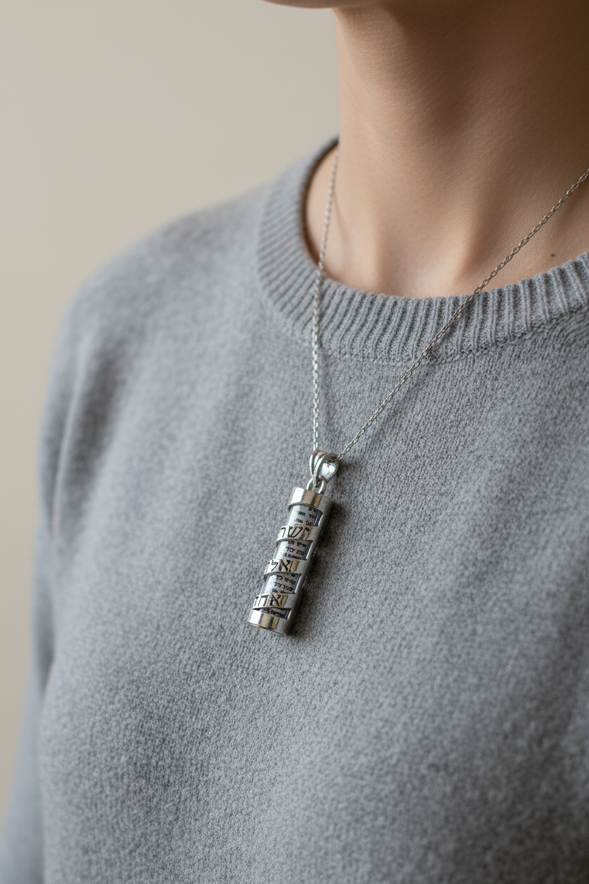 Sterling mezuzah pendant with Shema spiraling in Hebrew lettering | Judaica Square Lakewood (view 11)
