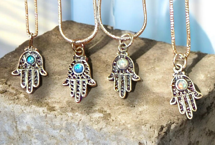 Sterling filigree hamsa pendant with blue opal stone on snake chain | Judaica Square Lakewood