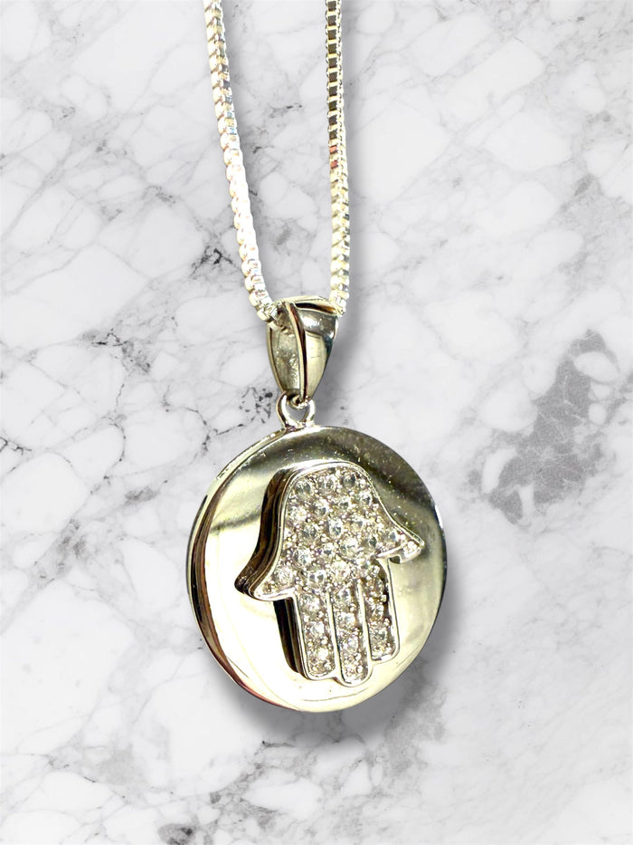 Circle hamsa necklace — sterling silver disc with cubic zirconia | Judaica Square Lakewood