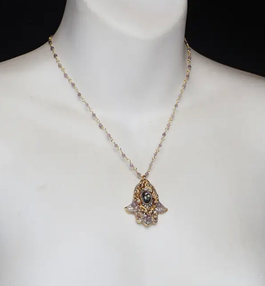 Michal Golan hamsa necklace — abalone and amethyst gold pendant | Judaica Square Lakewood (view 7)