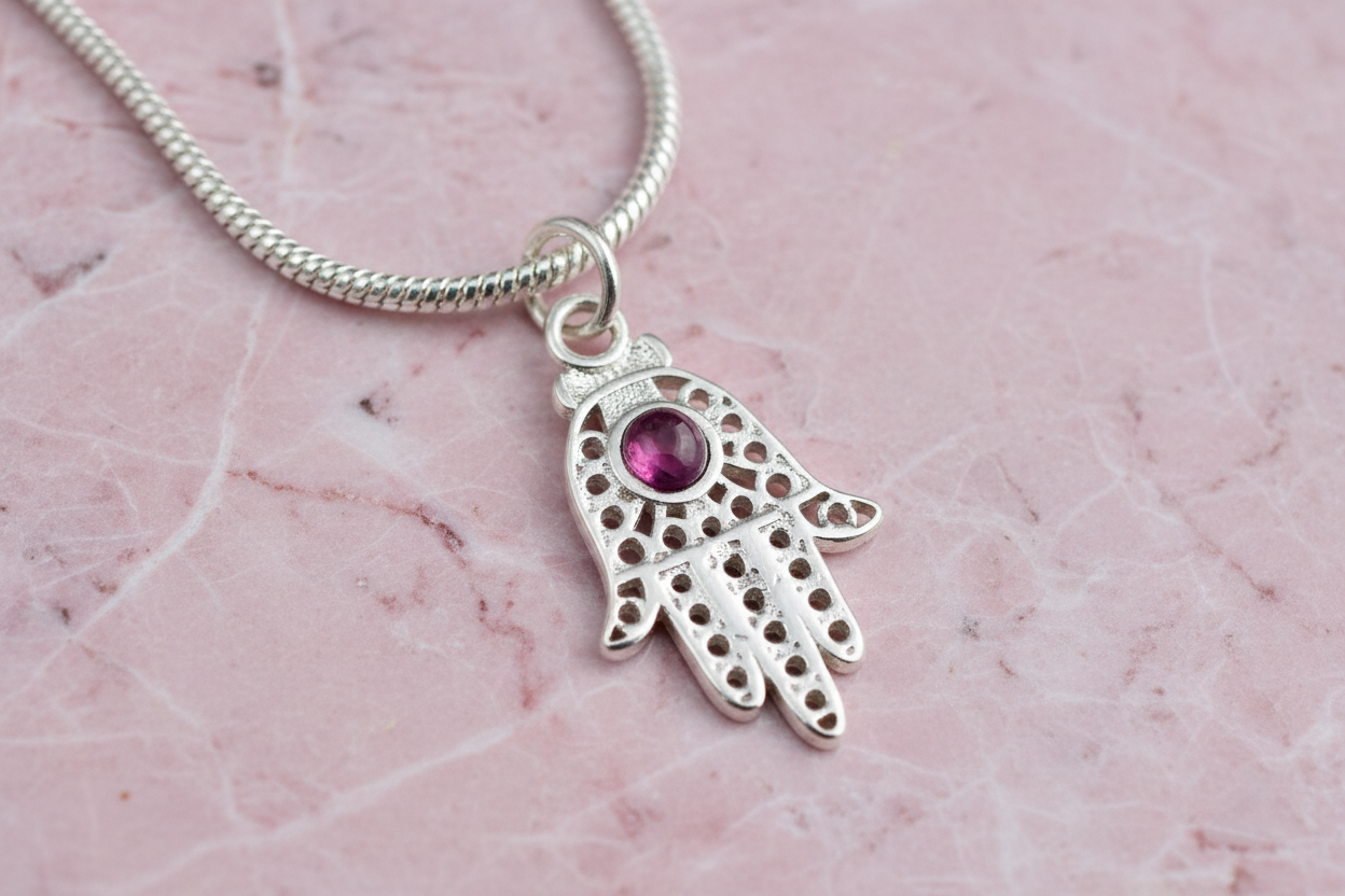 Filigree sterling hamsa pendant set with a purple amethyst stone | Judaica Square Lakewood (view 9)