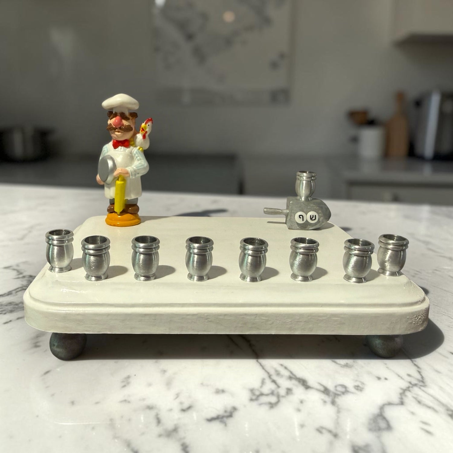 Swedish Chef menorah — Muppets chef figure with Hebrew bead dreidel and aluminum cups | Judaica Square Lakewood (view 11)